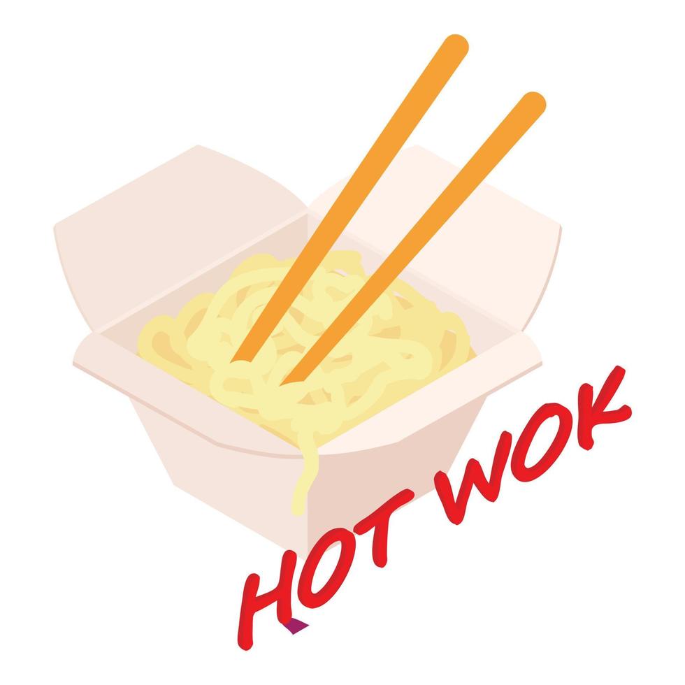 Hot wok icon isometric vector. Open paper box of noodle with wood chopstick icon vector