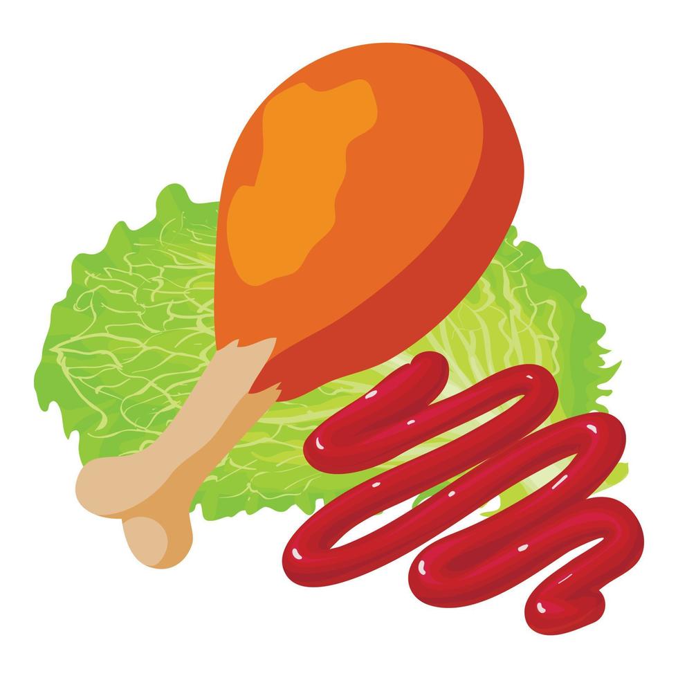 Chicken food icon isometric vector. Fried chicken leg ketchup stripe and lettuce vector