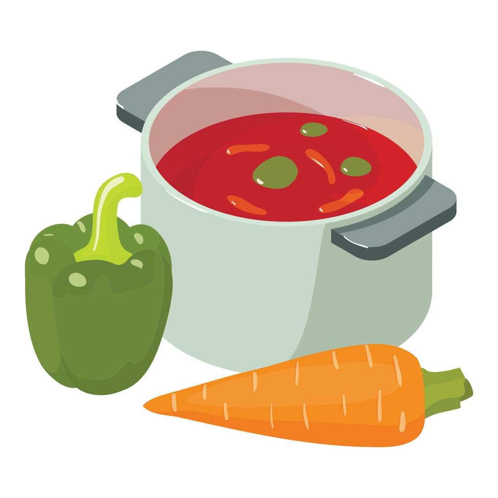 First dish icon isometric vector. Red vegetable soup carrot green sweet pepper vector