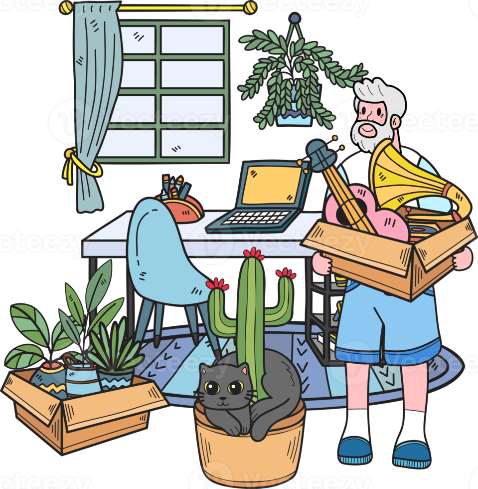 Hand Drawn Elderly Clean the room with the cat illustration in doodle style png