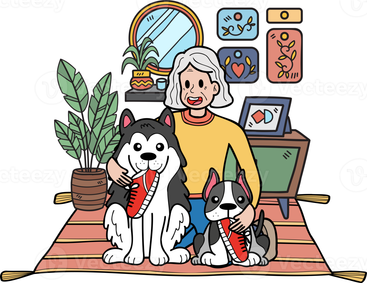 Hand Drawn Elderly sitting with the dog illustration in doodle style png