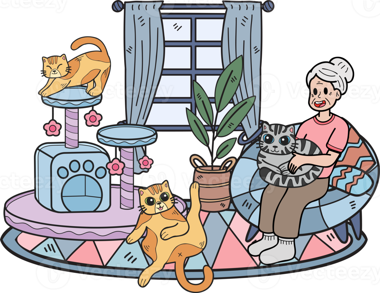 hand- getrokken ouderen Holding een kat illustratie in tekening stijl png