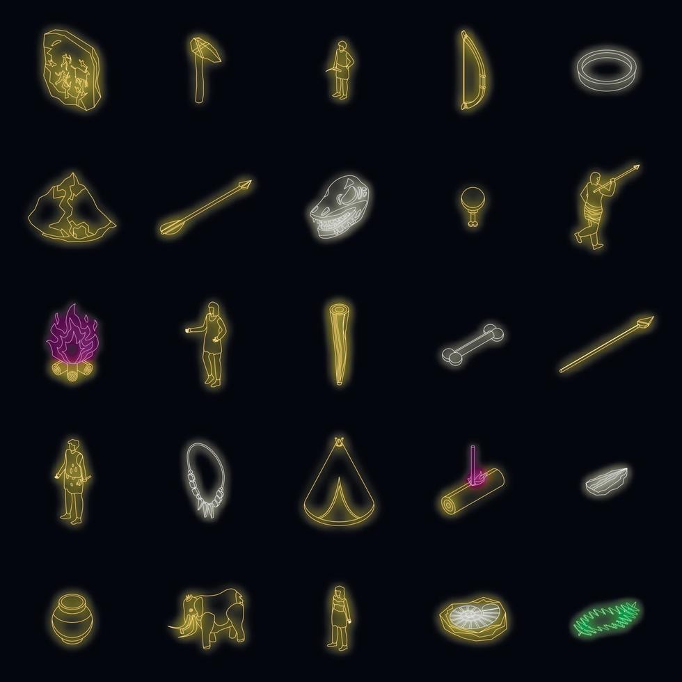 Stone age icons set vector neon