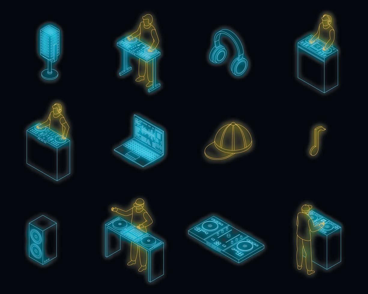 Dj icons set vector neon