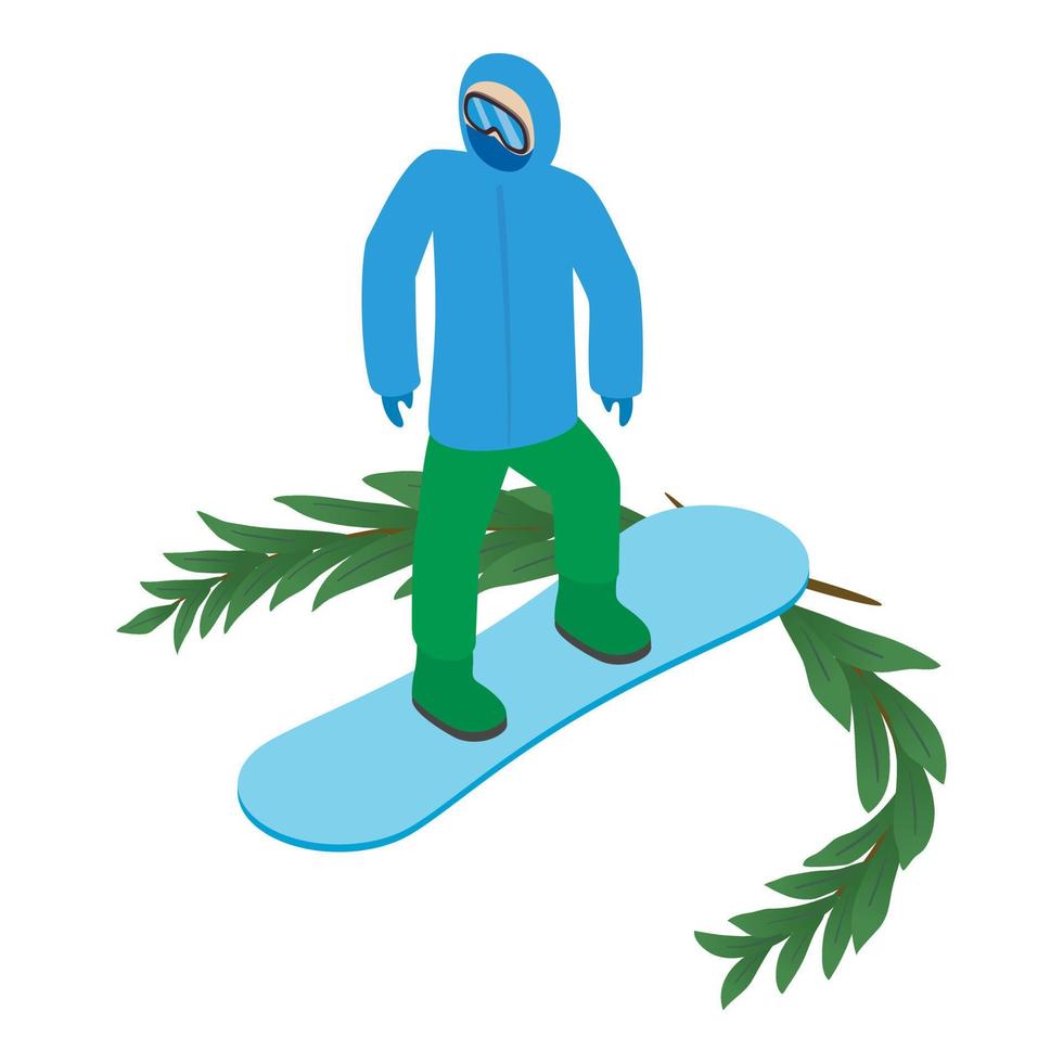 snowboarder icono isométrica vector. masculino atleta en en tabla de snowboard y verde rama vector