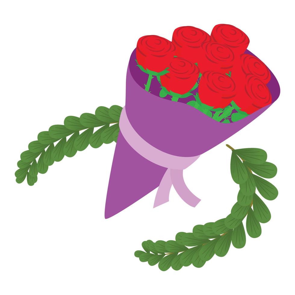 festivo ramo de flores icono isométrica vector. grande ramo de flores de rojo Rosa y verde rama vector