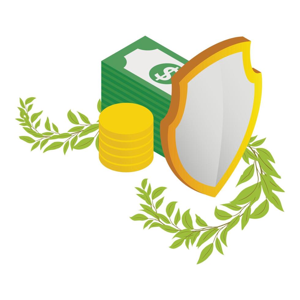 Money safety icon isometric vector. Banknote and coin stack behind shield icon vector