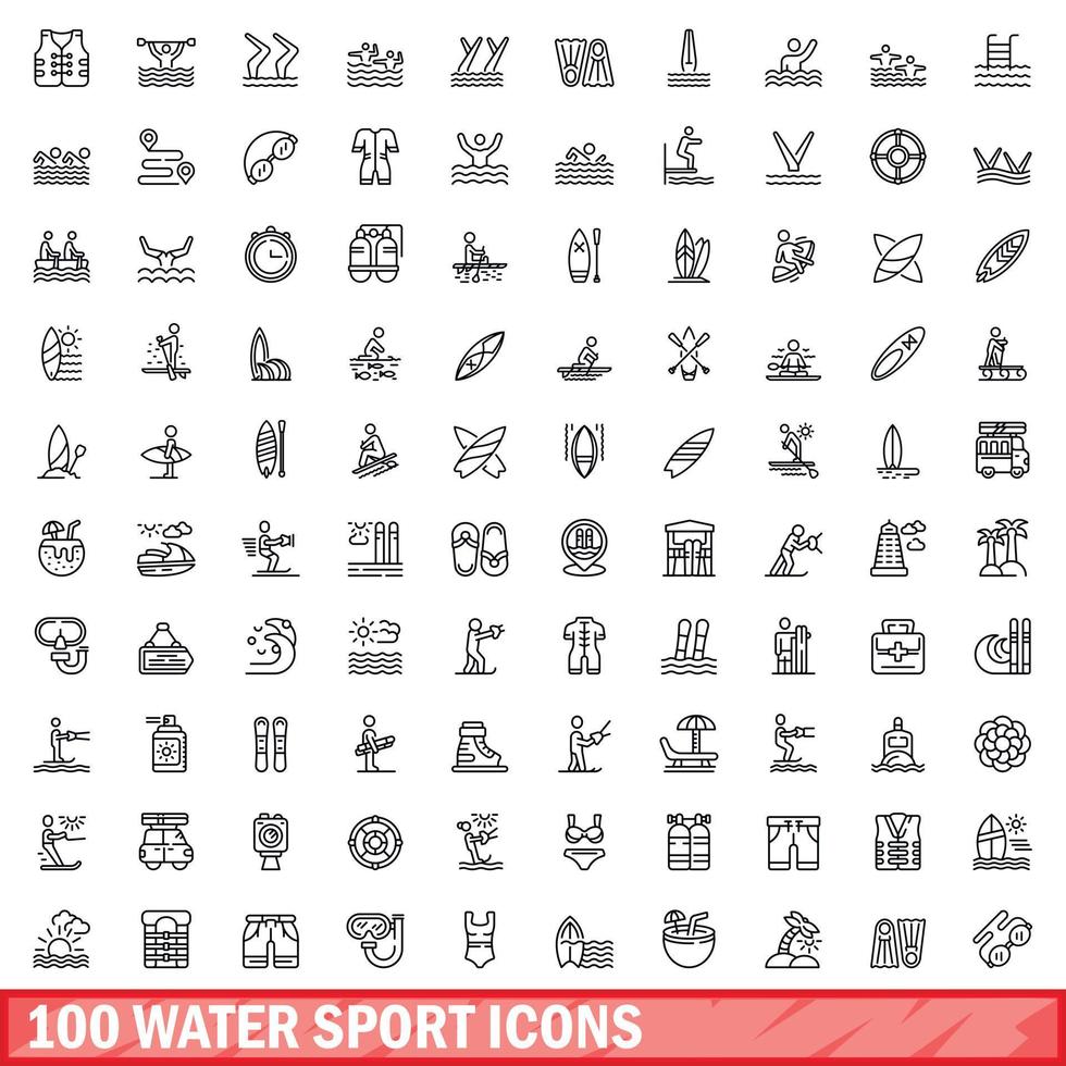 100 water sport icons set, outline style vector