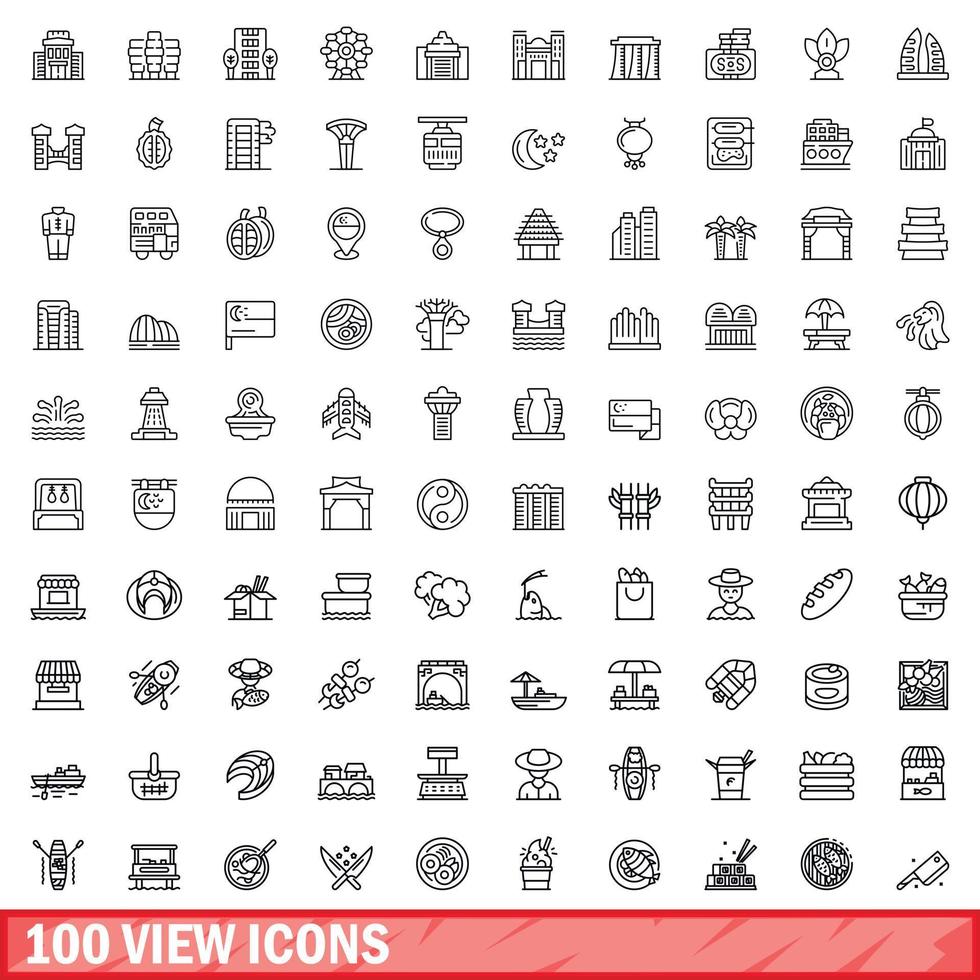 100 view icons set, outline style vector