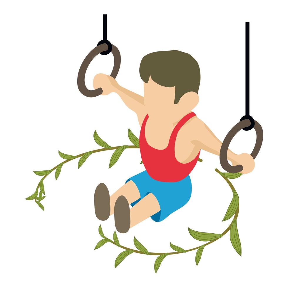 Gymnastics icon isometric vector. Male gymnast on still ring and green branch vector