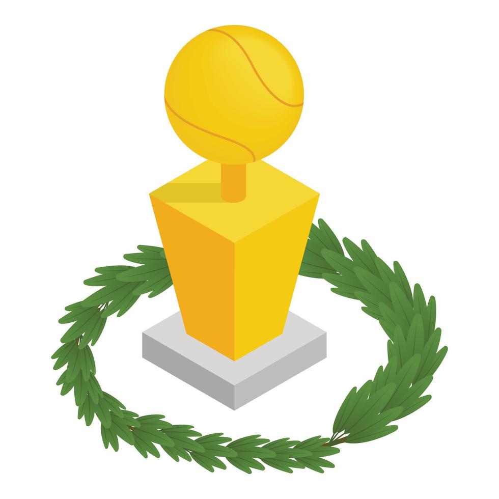 Sport trophy icon isometric vector. Golden tennis ball on pedestal and branch vector