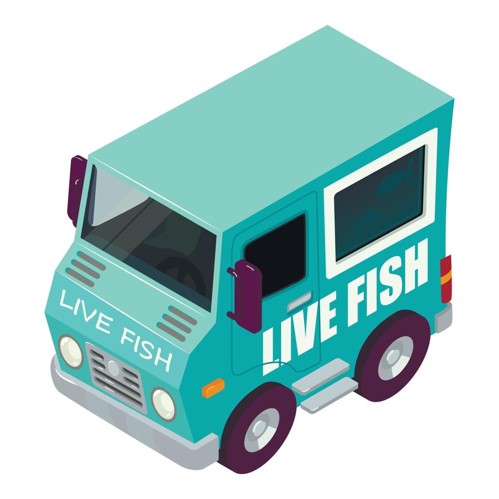 Live fish icon isometric vector. Retro blue live fish delivery service vehicle vector