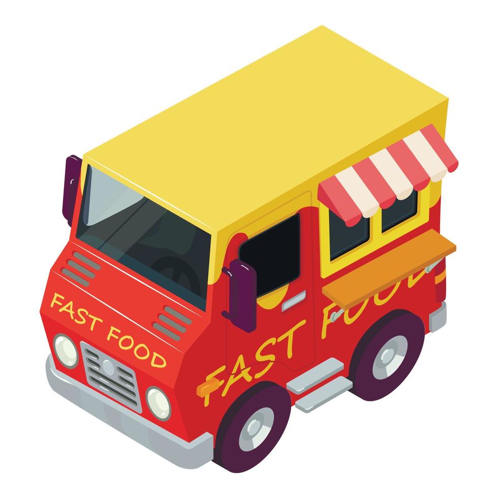 Fast food icon isometric vector. Bright red vehicle selling fast food in street vector