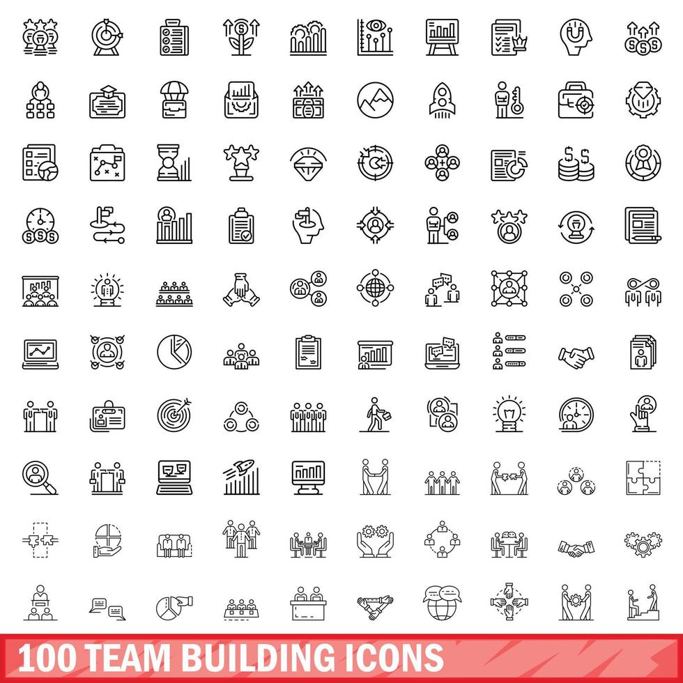 100 team building icons set, outline style vector