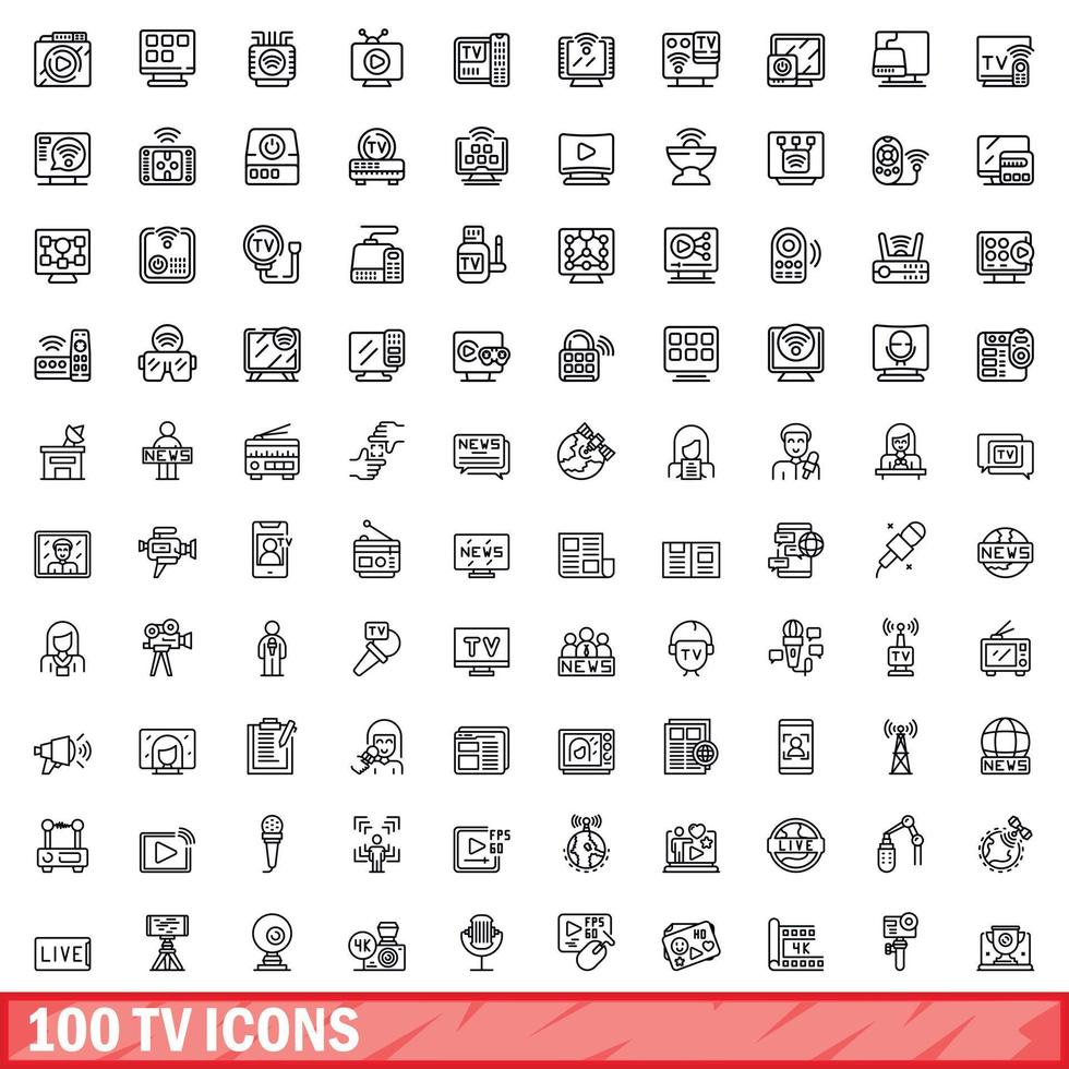 100 tv icons set, outline style vector