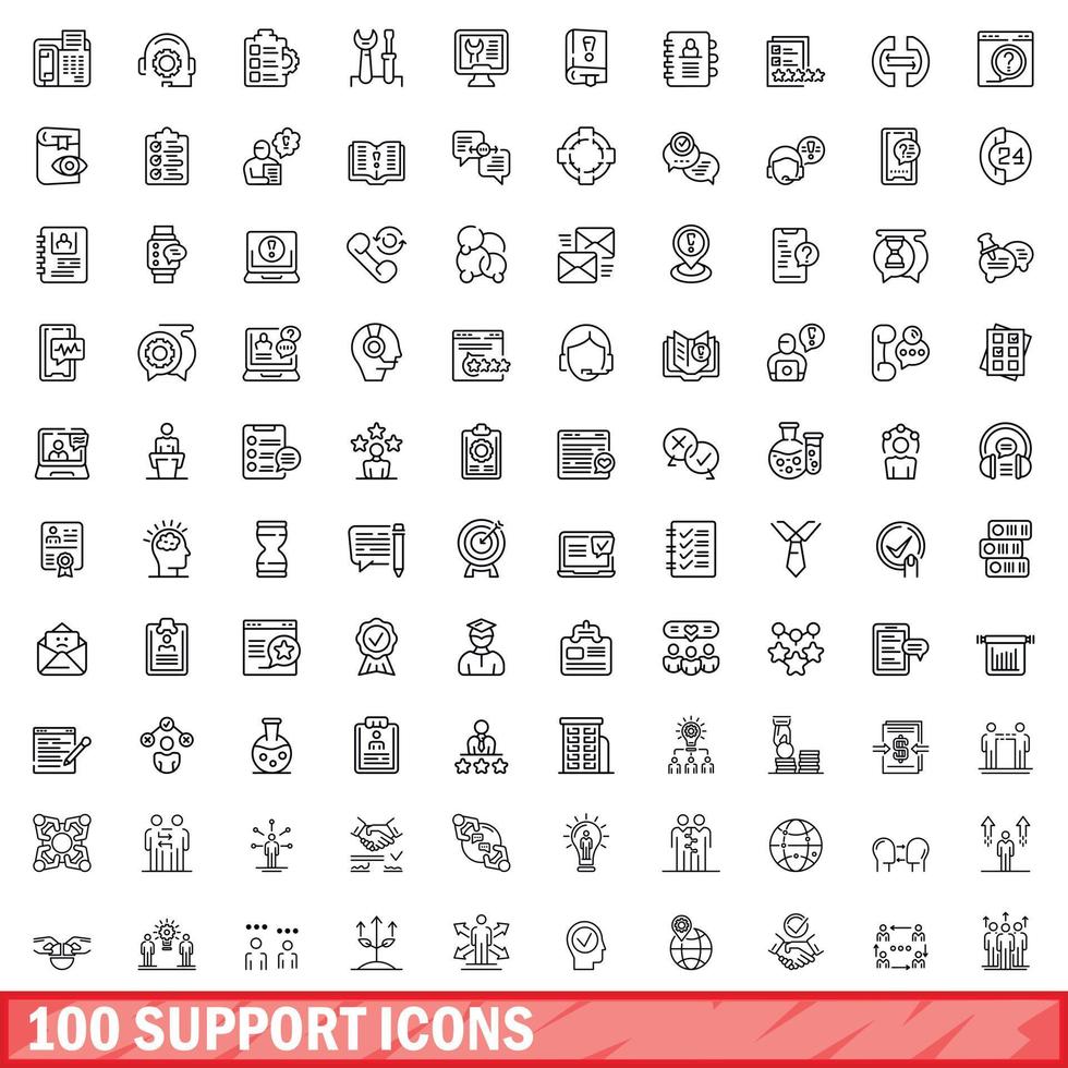 100 support icons set, outline style vector
