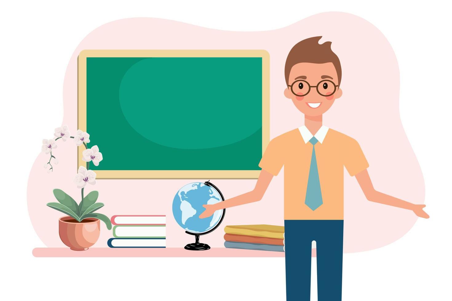 Male teacher in the classroom with school furnishings. The concept of  school and learning, teacher's day. Vector, illustration in flat cartoon  style 20270715 Vector Art at Vecteezy