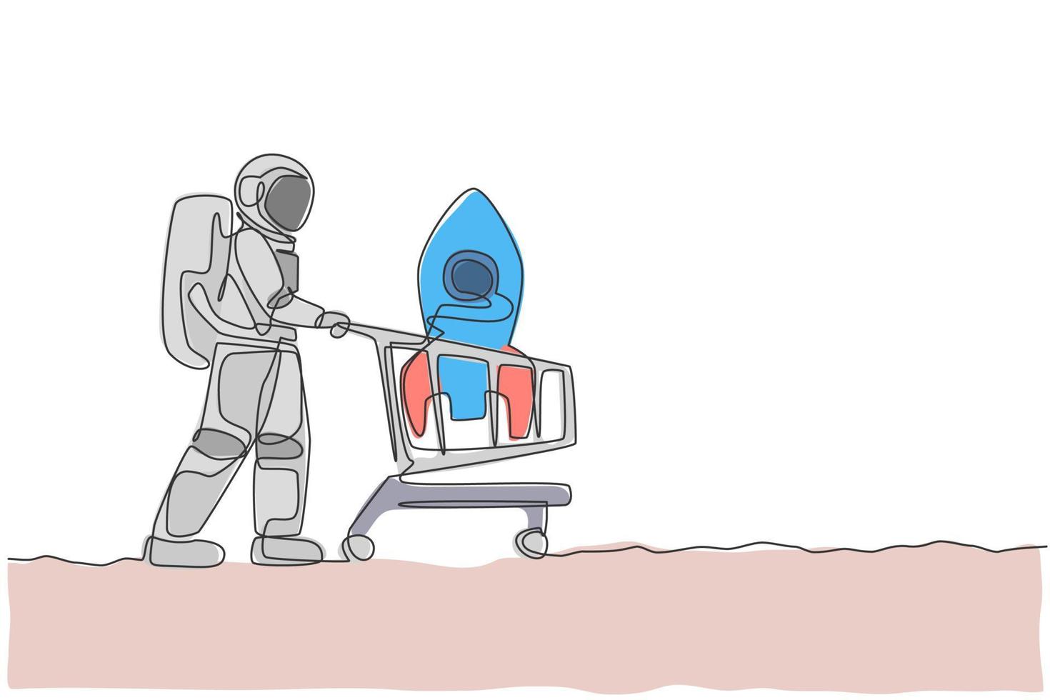 Single continuous line drawing of young astronaut pushing shopping cart in supermarket and buying rocket toy. Cosmonaut outer space concept. Trendy one line draw design graphic vector illustration