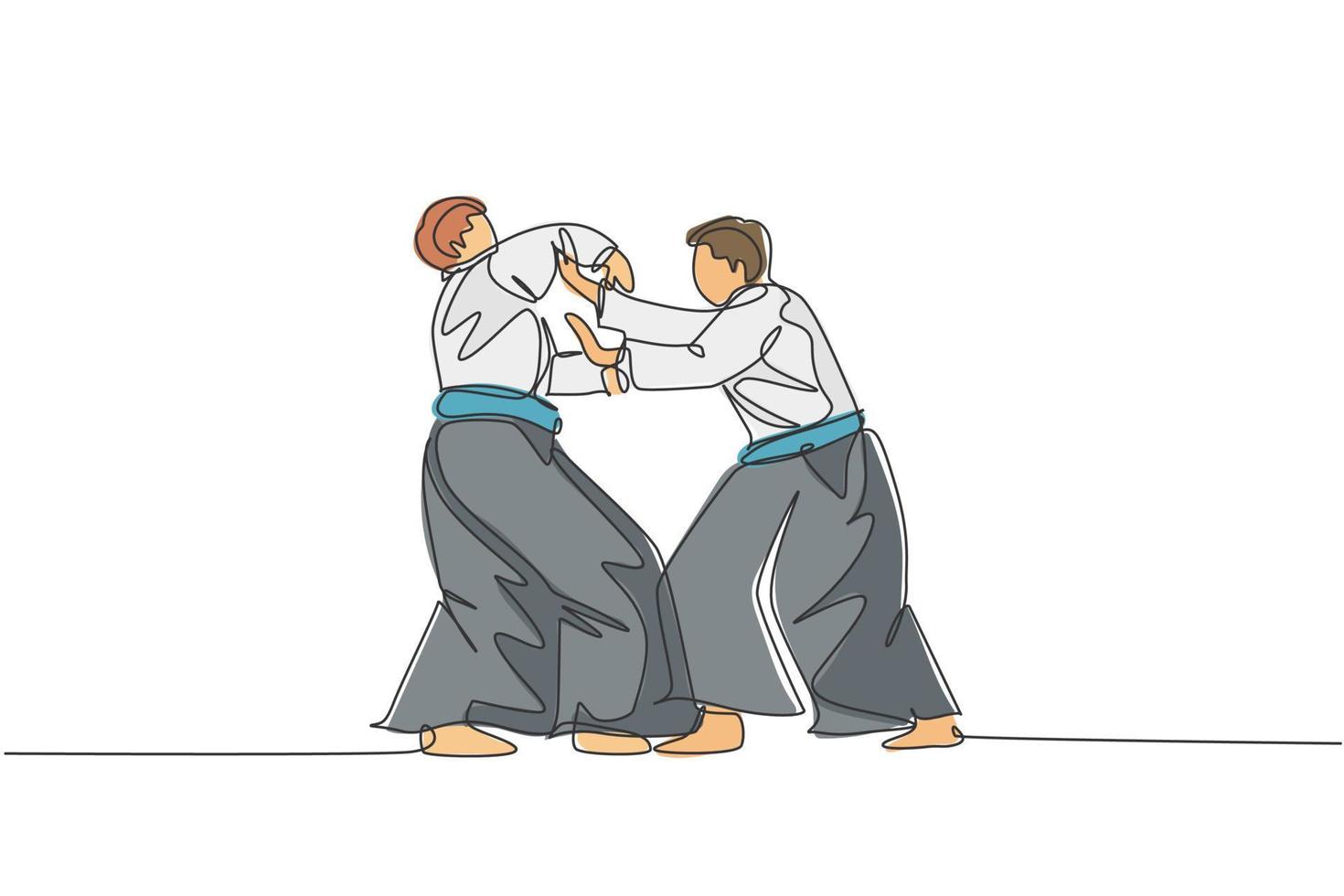 Single continuous line drawing of two young sportive man wearing kimono practice aikido fighting technique in dojo center. Japanese martial art concept. Trendy one line draw design vector illustration