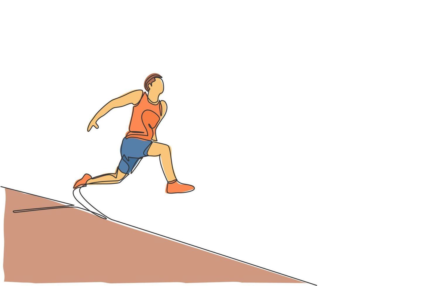 One single line drawing of young sporty man exercise running before long jump into sand pool vector illustration. Healthy athletic sport concept. Competition event. Modern continuous line draw design