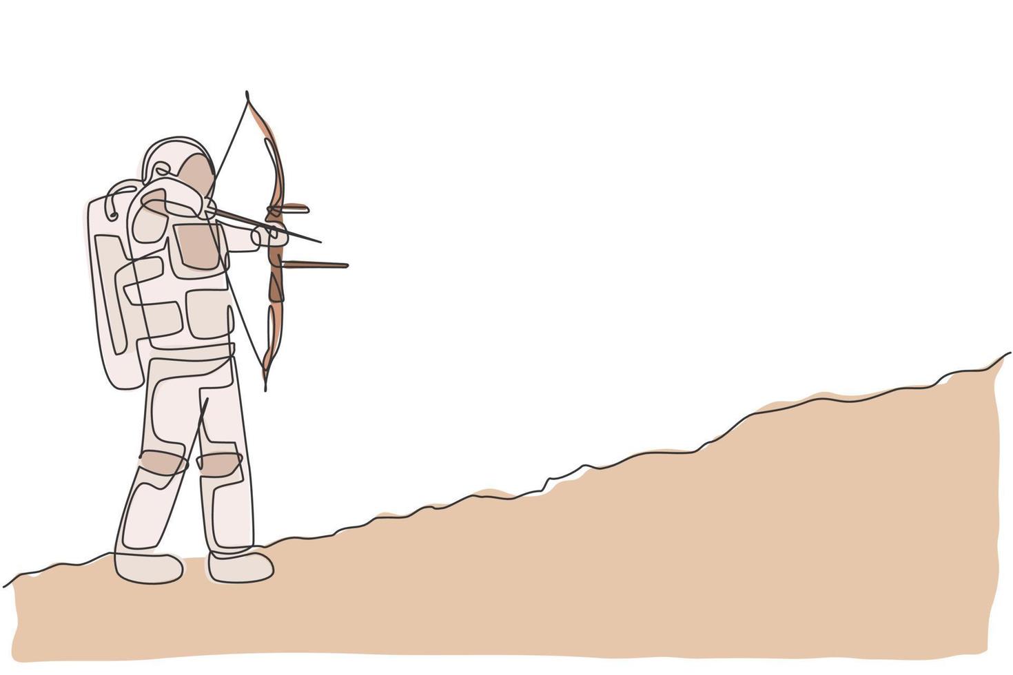 Single continuous line drawing of young astronaut practicing archery to shoot bullseye on target in moon surface. Cosmonaut outer space concept. Trendy one line draw design vector graphic illustration