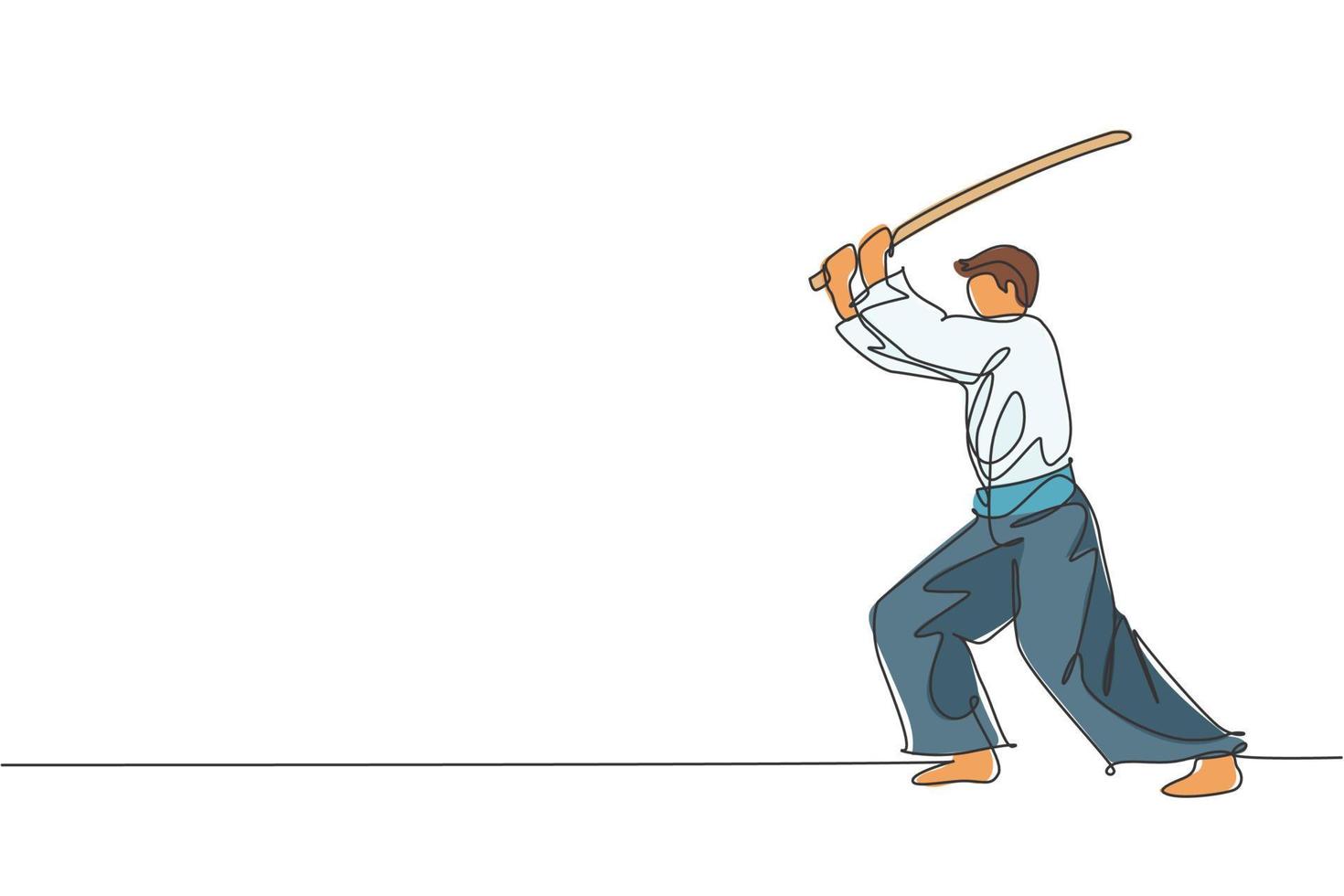 One continuous line drawing of young man aikido fighter practice fighting with wooden sword at dojo training center. Martial art combative sport concept. Single line draw design vector illustration