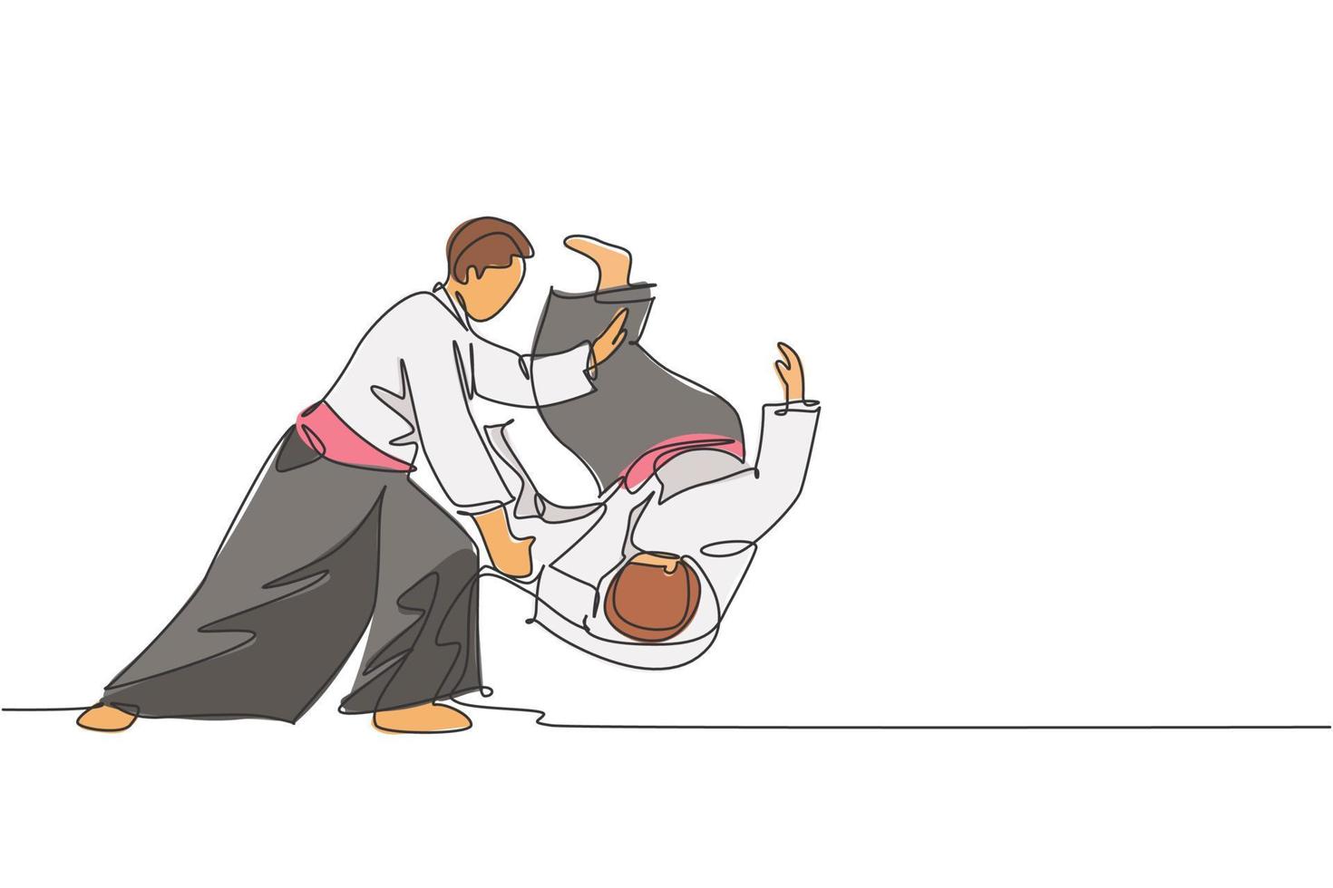 un dibujo de línea continua de dos jóvenes luchadores de aikido practican la técnica de lanzamiento en el centro de entrenamiento del dojo. concepto de deporte combativo de artes marciales. Ilustración de vector de diseño de dibujo de línea única dinámica