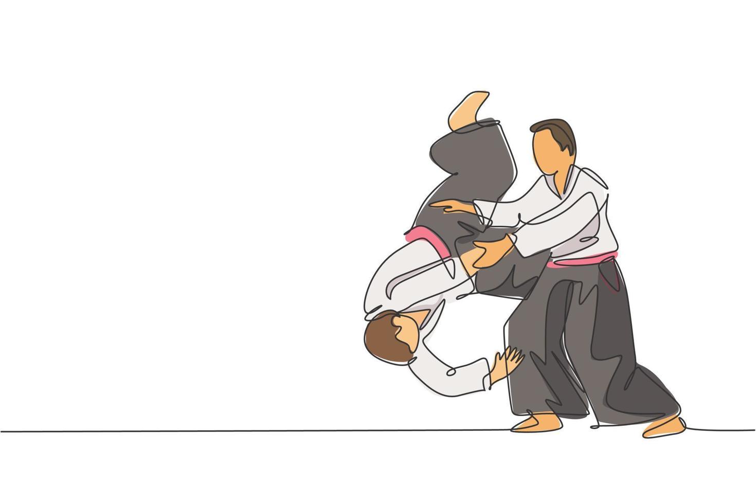 One single line drawing of two young energetic men wearing kimono exercise aikido slam technique in sports hall vector illustration. Healthy lifestyle sport concept. Modern continuous line draw design