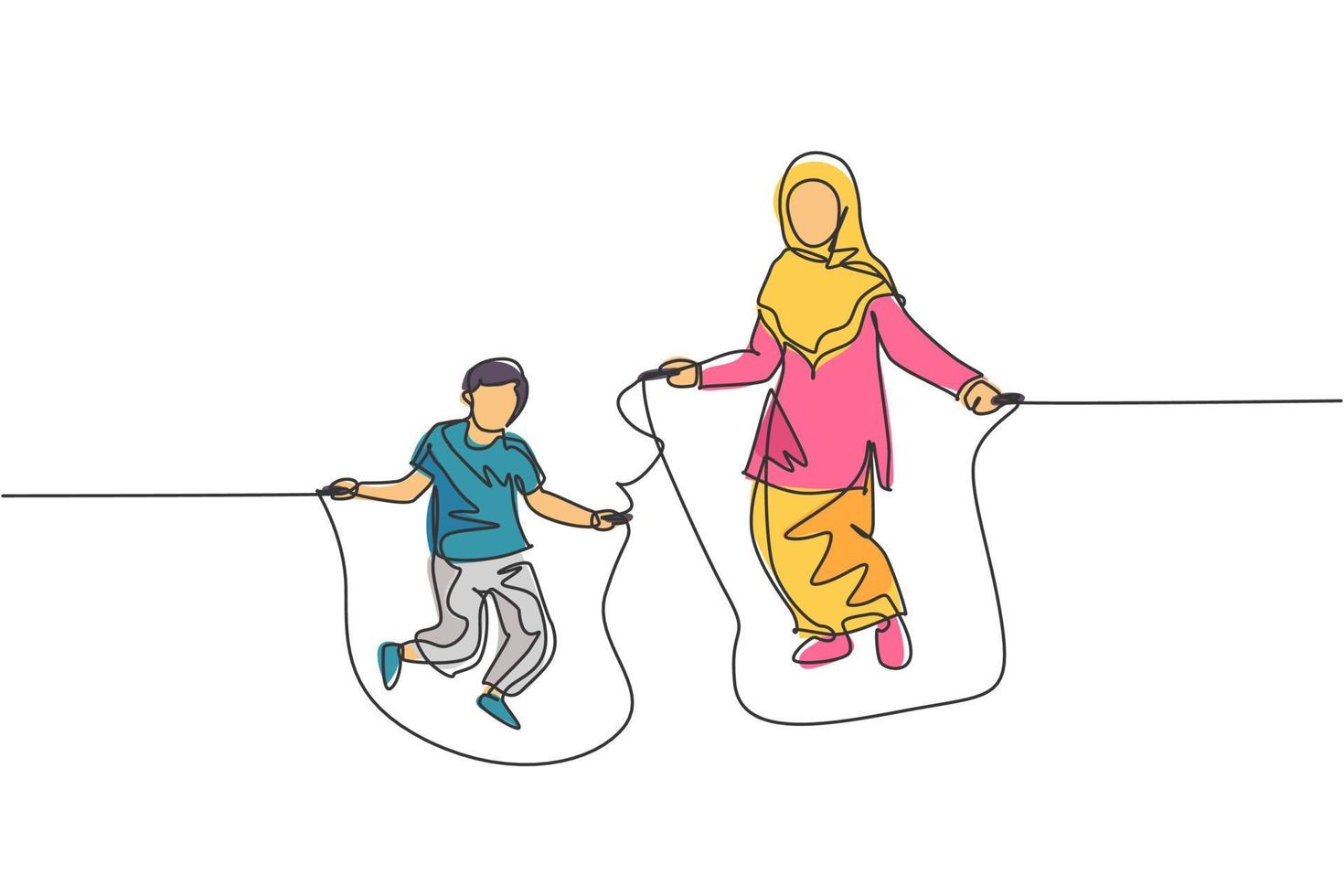 Single continuous line drawing of young Islamic mother and her son playing jumping rope and skipping. Arabian muslim happy family motherhood concept. Trendy one line draw design vector illustration