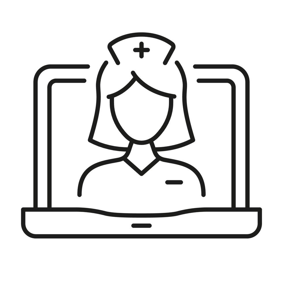 remoto virtual médico mujer en ordenador portátil lineal pictograma. médico en línea consulta. vídeo médico Servicio línea icono. telemedicina cuidado de la salud símbolo. editable ataque. aislado vector ilustración.