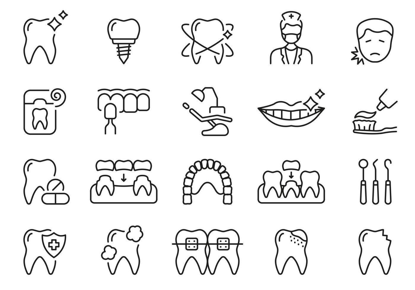 dental médico cuidado línea icono colocar. oral higiene, sano dientes lineal pictograma. del dentista instrumento. odontología contorno símbolo. dental tratamiento signo. editable ataque. aislado vector ilustración.