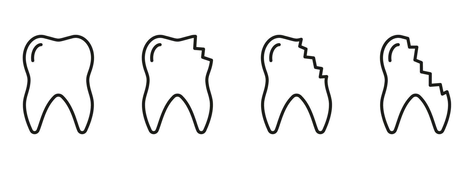 Chipped Tooth Line Icon Set. Broken Cracked Teeth. Dentistry Outline Symbol. Medical Dental Problem Stages Linear Pictogram. Dental Treatment Sign. Editable Stroke. Isolated Vector Illustration.