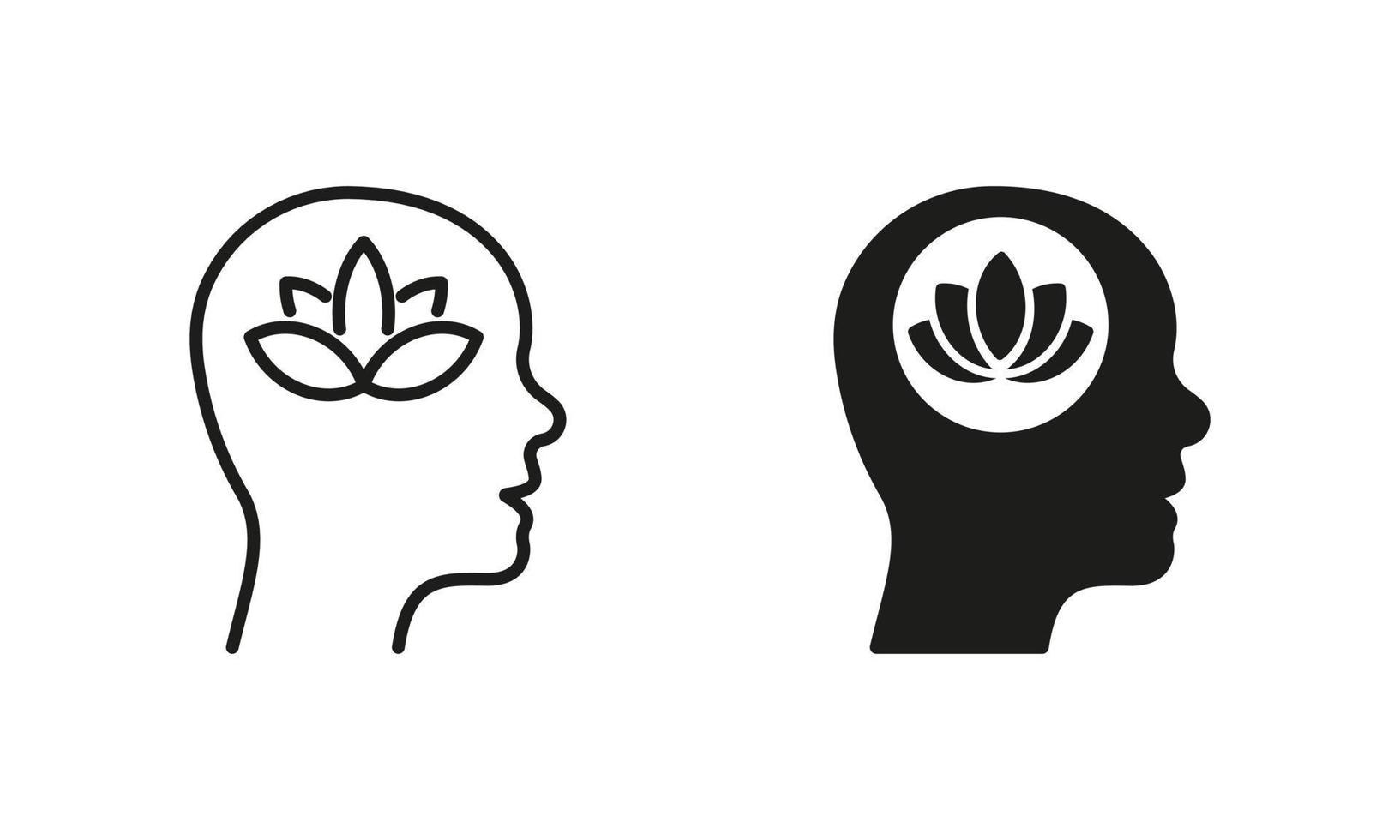 Lotus in Human Brain Wellbeing Concept Silhouette and Line Icon Set. Peace, Mental Healthy Wellness Pictogram. Meditation Yoga Symbol. Nature Flower. Editable Stroke. Isolated Vector Illustration.