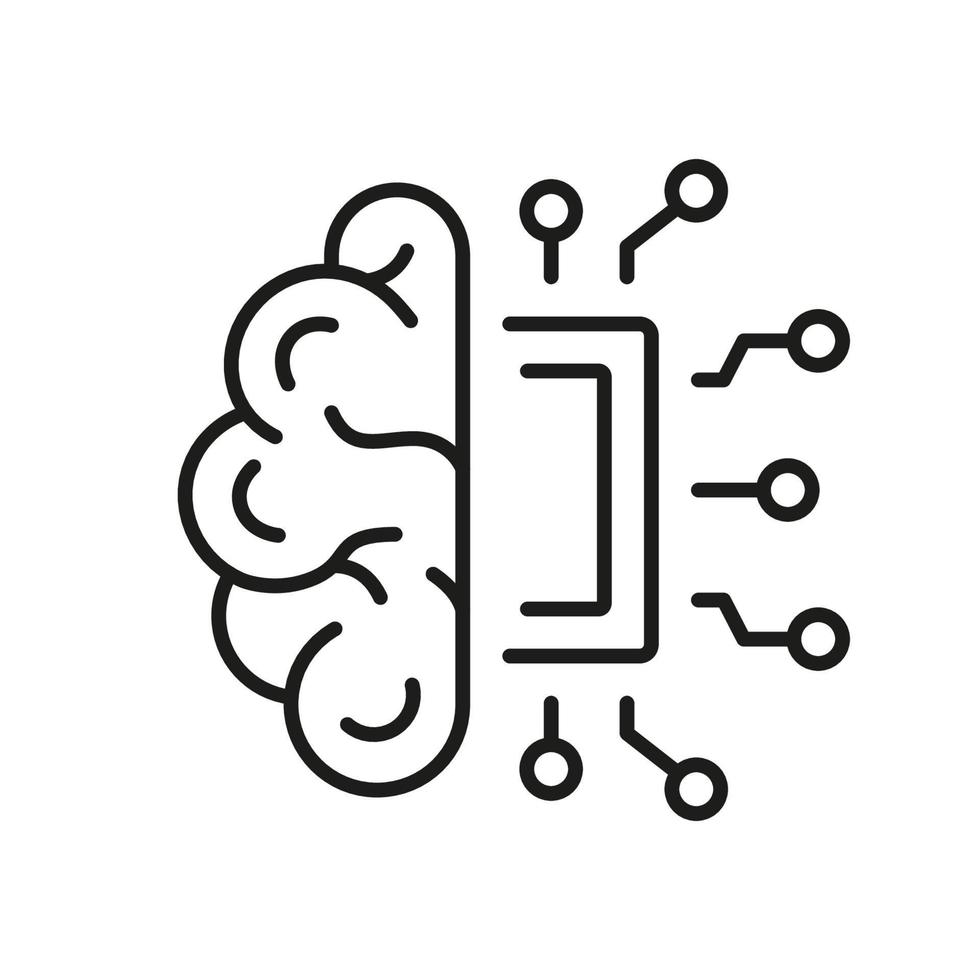AI, Innovation Neuroscience Concept Outline Icon. Artificial Intelligence Line Icon. Human Brain and Network Chip Technology Linear Pictogram. Editable Stroke. Isolated Vector Illustration.