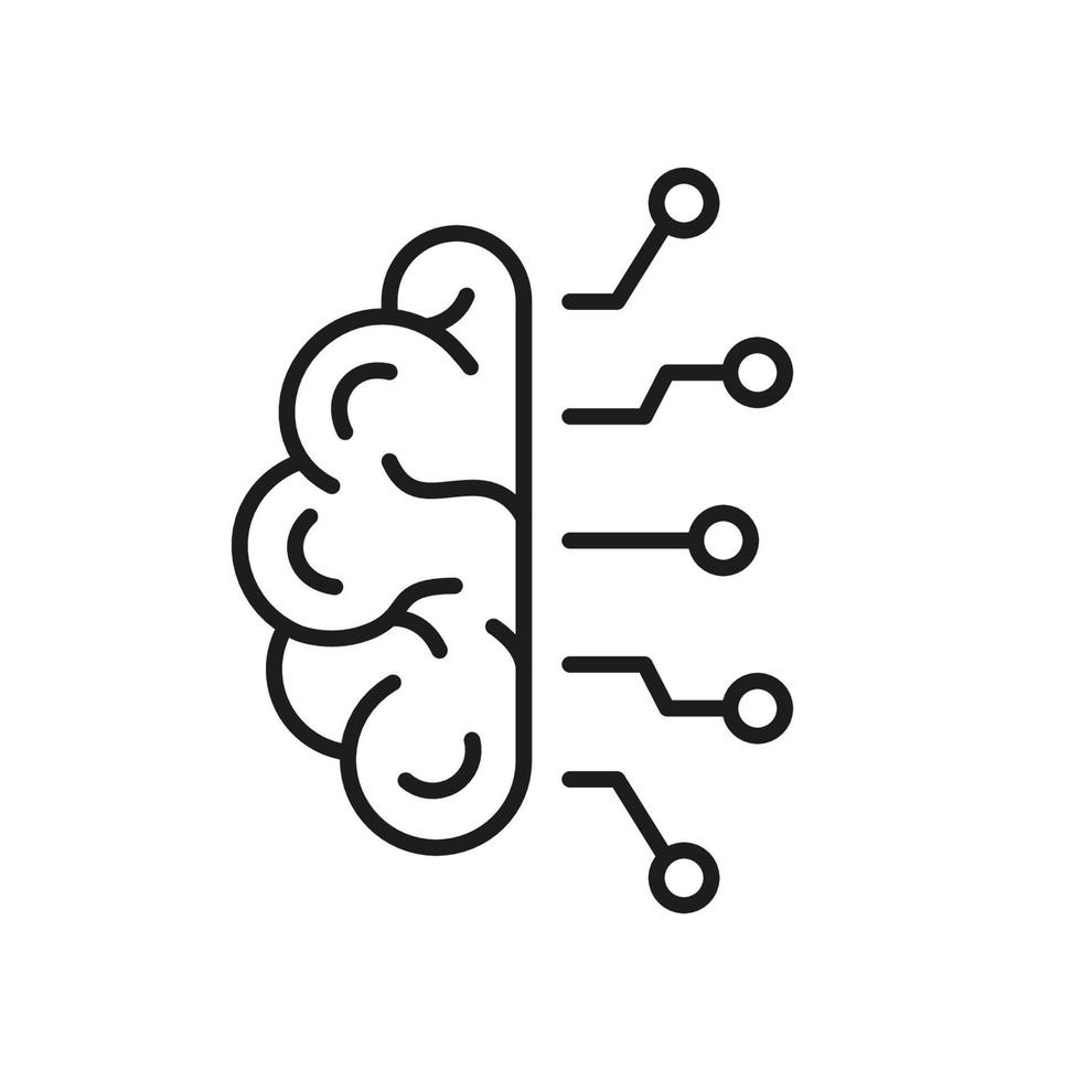 Artificial Intelligence Line Icon. AI, Neuroscience Innovation Concept Outline Icon. Human Brain and Network Technology Linear Pictogram. Editable Stroke. Isolated Vector Illustration.