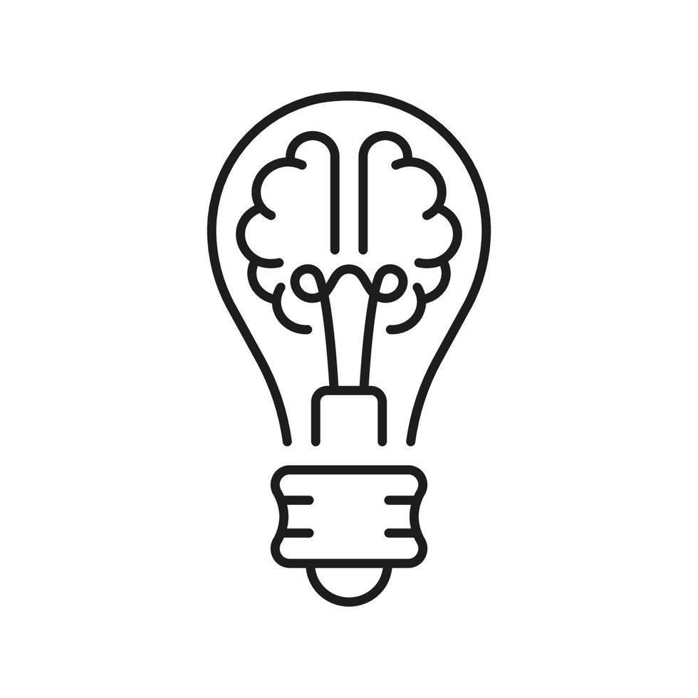 Human Brain in Lightbulb Creative Idea Concept Line Icon. Light Bulb Inspiration, Knowledge, Smart Solution Linear Symbol. Innovation Outline Sign. Editable Stroke. Isolated Vector Illustration.