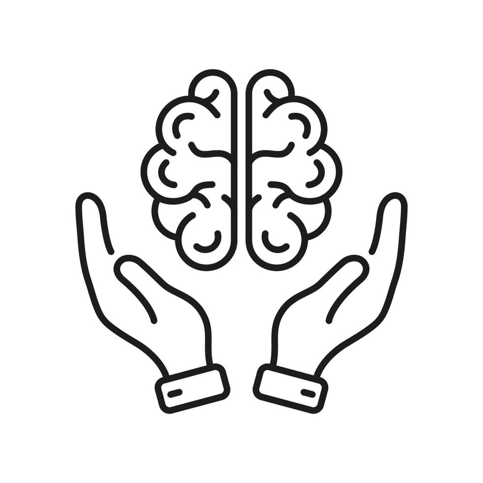 Human Brain in Areal View with Hands Line Icon. Education, Logic, Analysis, Memory, Mind Concept Outline Icon. Neurology, Psychology Pictogram. Editable Stroke. Isolated Vector Illustration.