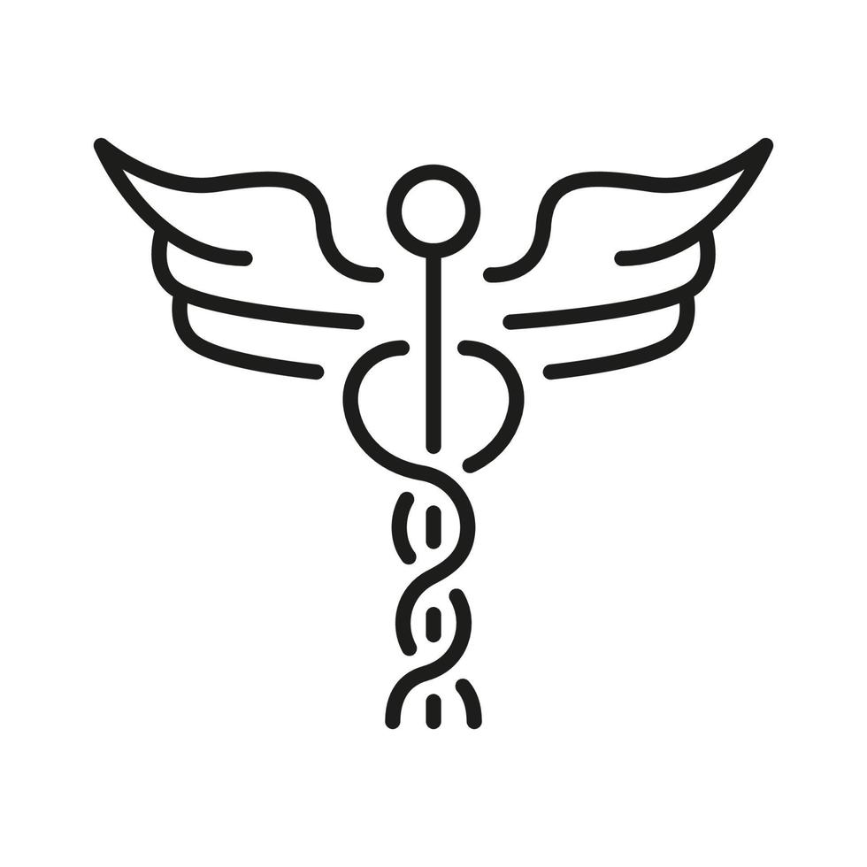 Caduceus Medical Sign. Pharmacy Emblem, Emergency Hospital Linear Pictogram. Pharmaceutical Healthcare Outline Icon. Caduceus Greek Insignia Line Icon. Editable Stroke. Isolated Vector Illustration.