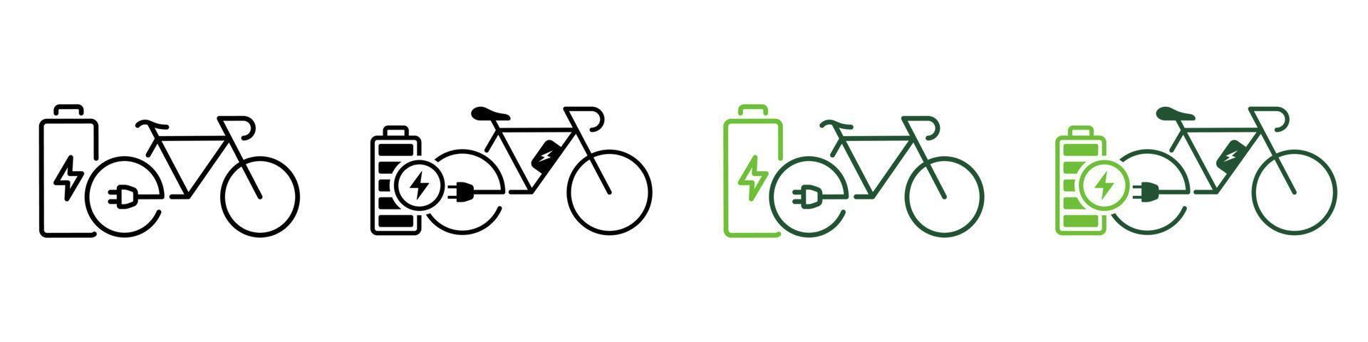Bike with Eco Renewable Accumulator Line and Silhouette Icon Color Set. Electric Bicycle and Charge Battery. Green Energy Transport Symbol Collection on White Background. Isolated Vector Illustration.