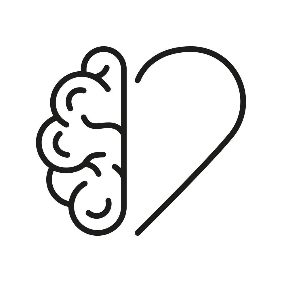 Mental Emotional Health Linear Pictogram. Healthy Rational Balance Heart Between Heart Love and Brain Outline Icon. Human Brain and Heart Line Icon. Editable Stroke. Isolated Vector Illustration.