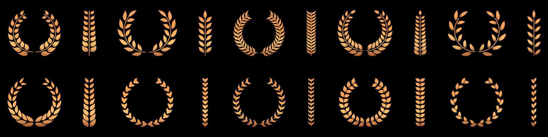 Gold Laurel Wreath Silhouette Icon Set. Golden Round Olive Leaves Branch. Success Circle Reward Pictogram. Chaplet Award Best Champion Symbol. Victory Vintage Emblem. Isolated Vector Illustration.