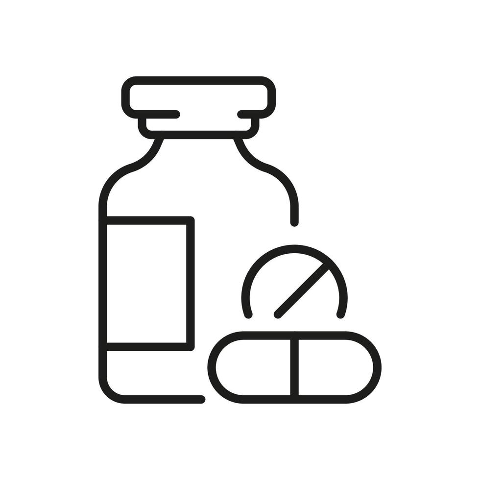 Medication Line Icon. Pill with Bottle Pictogram. Antibiotic, Painkiller, Vitamin Tablet Outline Icon. Pharmaceutical Medicament Sign. Pharmacy Symbol. Editable Stroke. Isolated Vector Illustration.