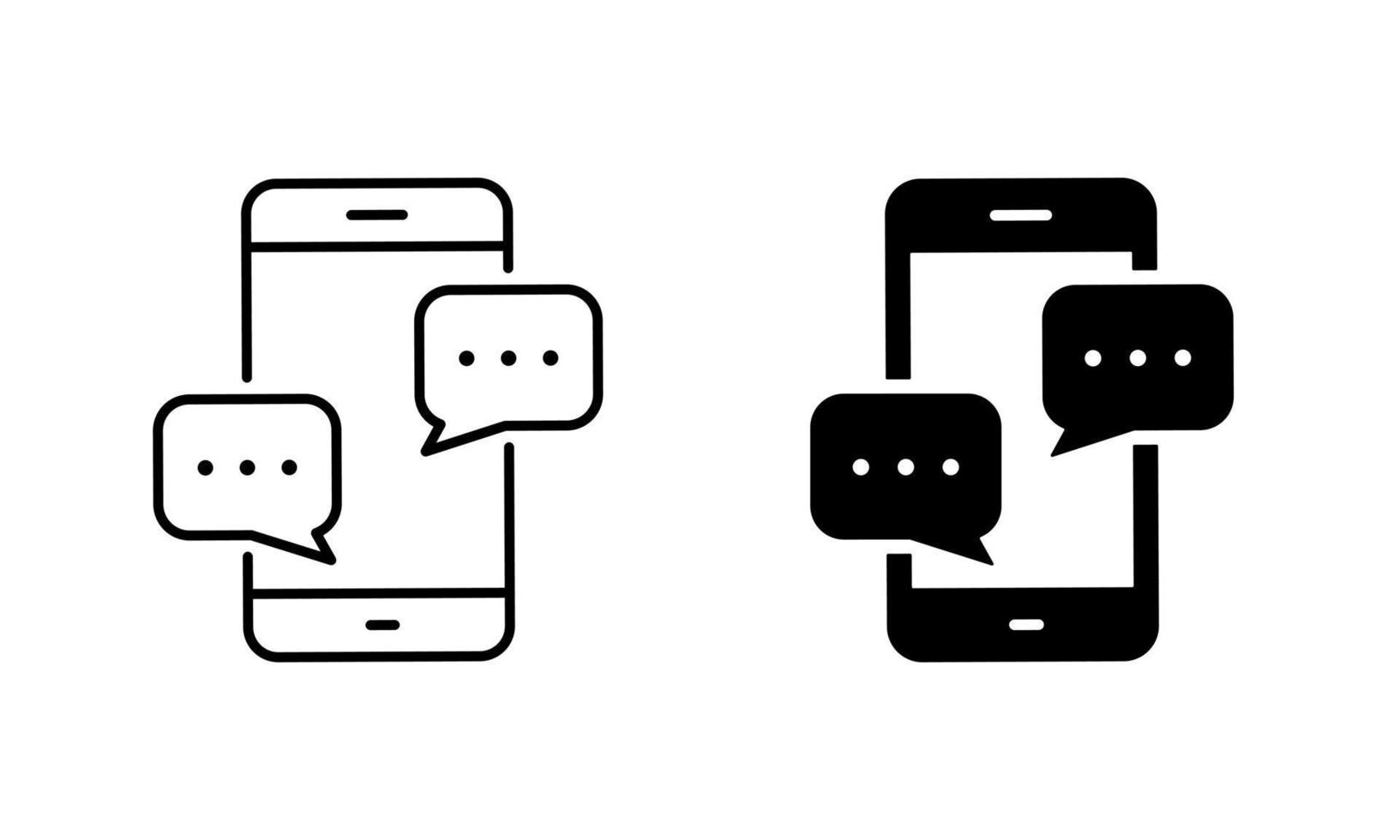 Text Message on Mobile Phone Silhouette and Line Icon Set. Smart Phone Mail Online Chat Speech Bubble Pictogram. Smartphone Screen SMS Notification Sign. Editable Stroke. Isolated Vector Illustration.