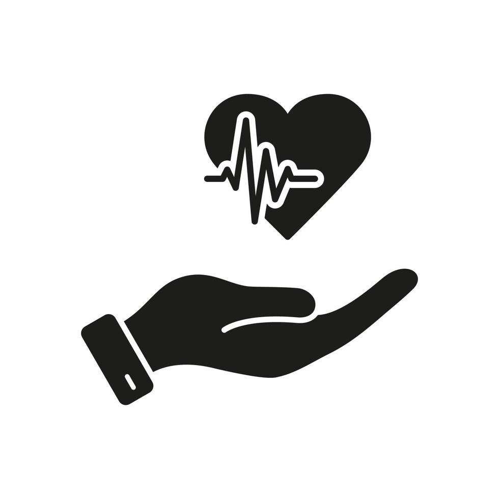 Heart Beat Rate Frequency Symbol. Emergency Help and Diagnosis. Heartbeat with Human Hand Glyph Icon. Cardiogram Icon. Cardiac Treatment Silhouette Pictogram. Isolated Vector Illustration.