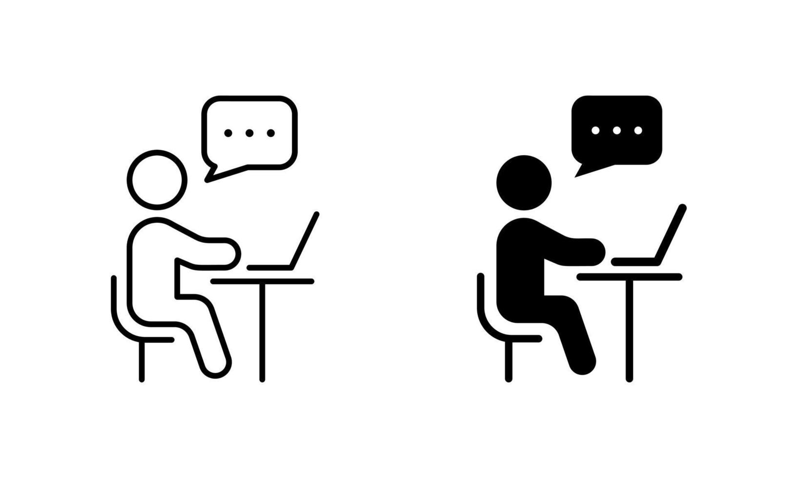 Online Training, Video Conference Chat on Laptop Pictogram Set. Person Sit and Use Computer Silhouette and Line Icon. Virtual Webinar Meeting Discussion. Editable Stroke. Isolated Vector Illustration.