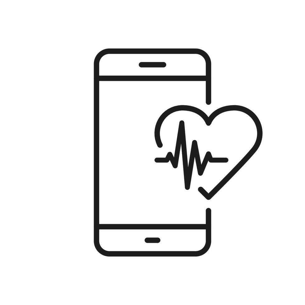 teléfono inteligente para corazón legumbres controlar línea icono. deporte móvil teléfono aplicación pictograma. latido del corazón Velocidad en digital inteligente teléfono contorno icono. salud tecnología. editable ataque. aislado vector ilustración.