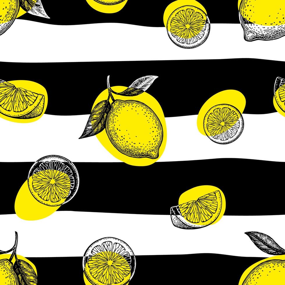 Striped seamless pattern with hand drawn lemons. Summer background. vector