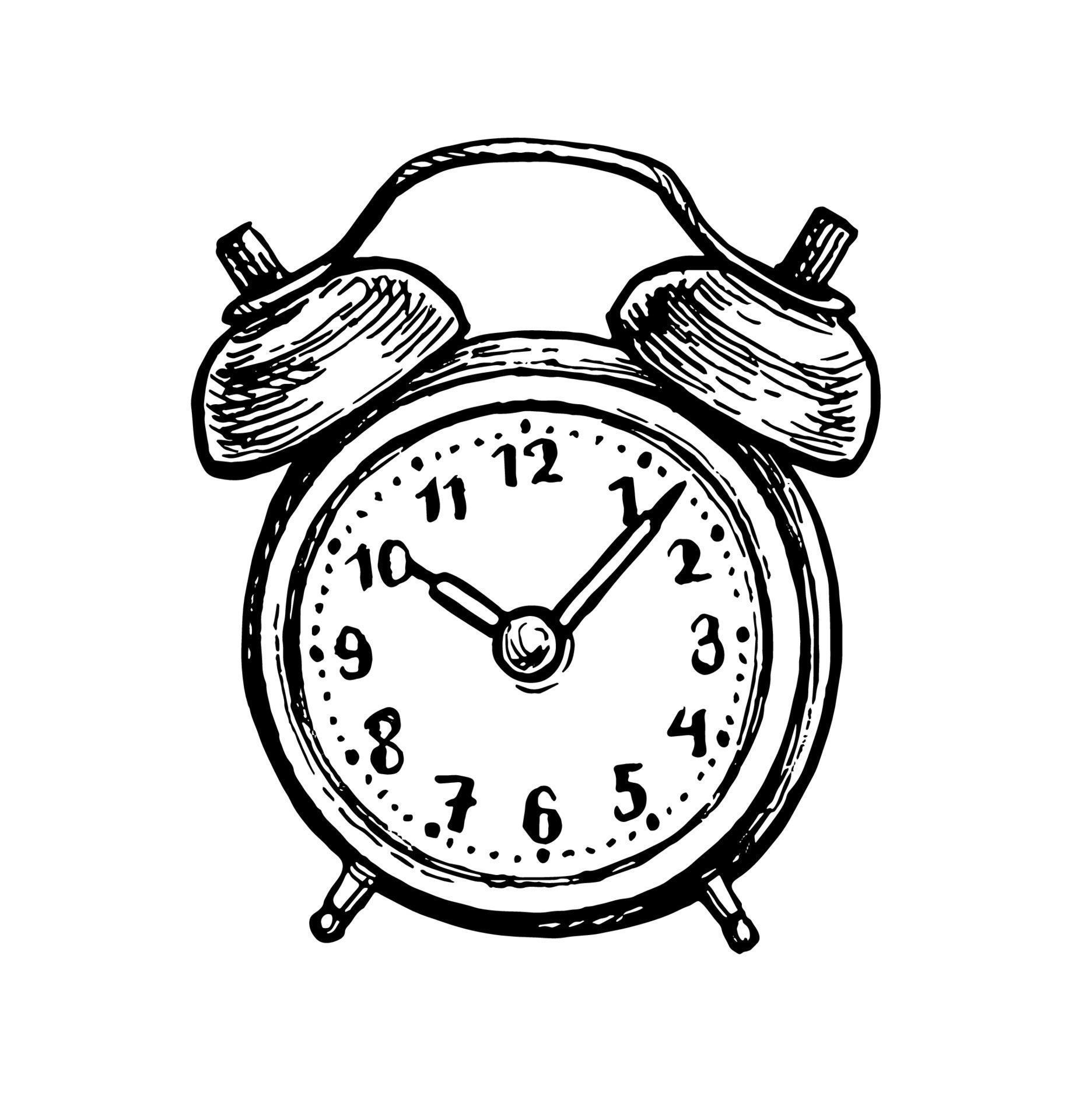 Twin bell alarm clock. Ink sketch isolated on white background. Hand drawn vector illustration