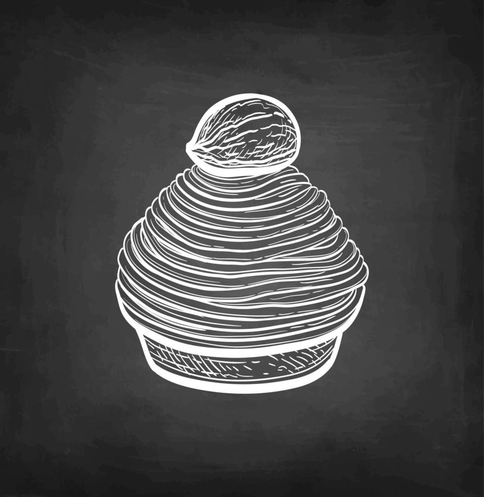 Mont Blanc dessert with chestnuts. French pastry. Chalk sketch on blackboard background. Hand drawn vector illustration. Retro style.