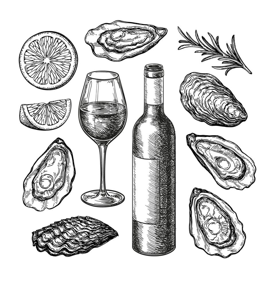 Wine and oysters with lemon and rosemary. Bottle and glass. Ink sketch set isolated on white background. Hand drawn vector illustration. Retro style.